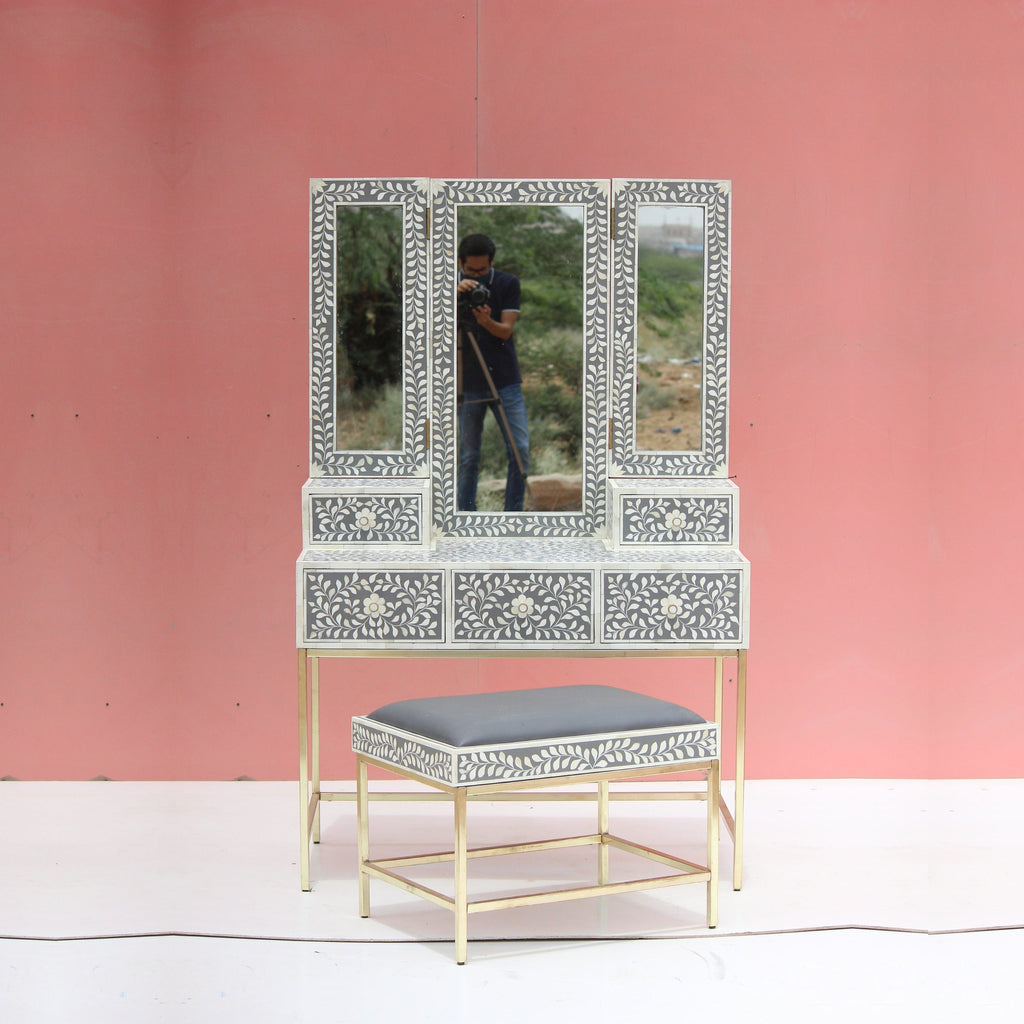 Mandvi Bone Inly Dressing Table with Seating Stool