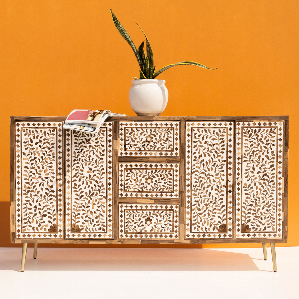 Bone Inlay Floral 3 Drawer and 2 Doors Sideboard with Brass Knobs