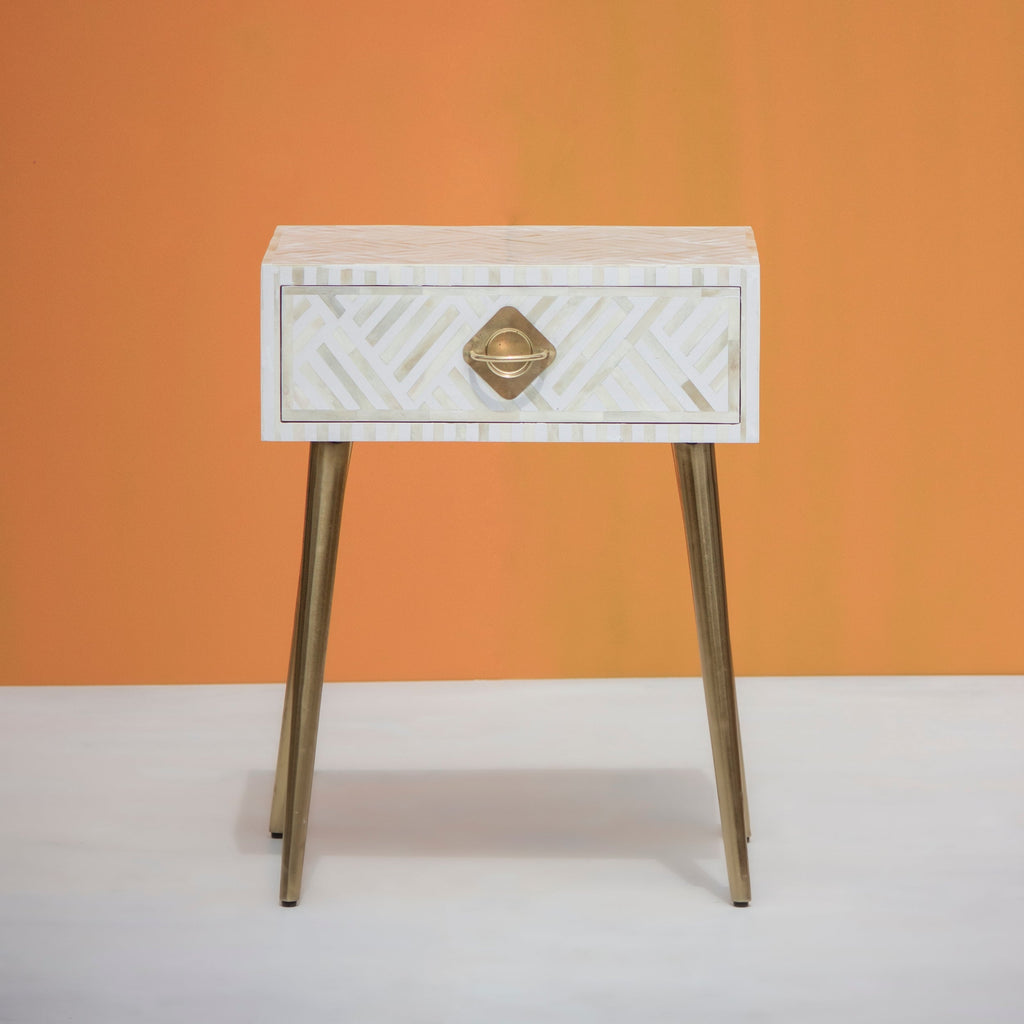 Kesarika Bone Inlay 1 Drawer White Bedside Table