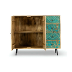 Handcrafted Wooden Carving Chest of Drawers in Natural & Green Finish