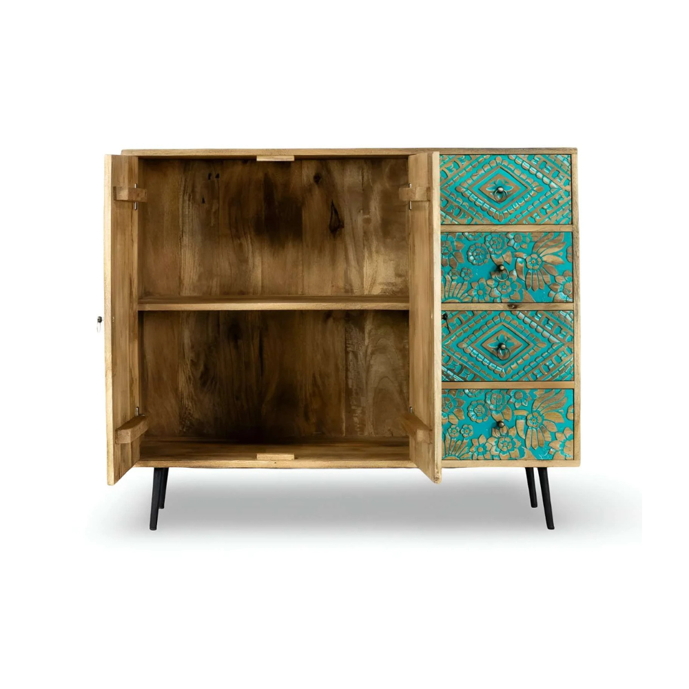 Handcrafted Wooden Carving Chest of Drawers in Natural & Green Finish