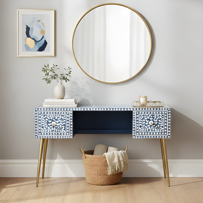 Handmade Bone inlay Floral Study Desk / Console Table and Brass-Finished Legs Hover Image