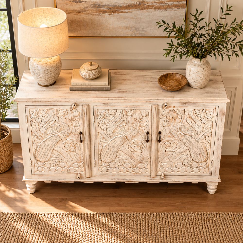 Jharokha Hand-Carved Whitewashed Mango Wood Cabinet