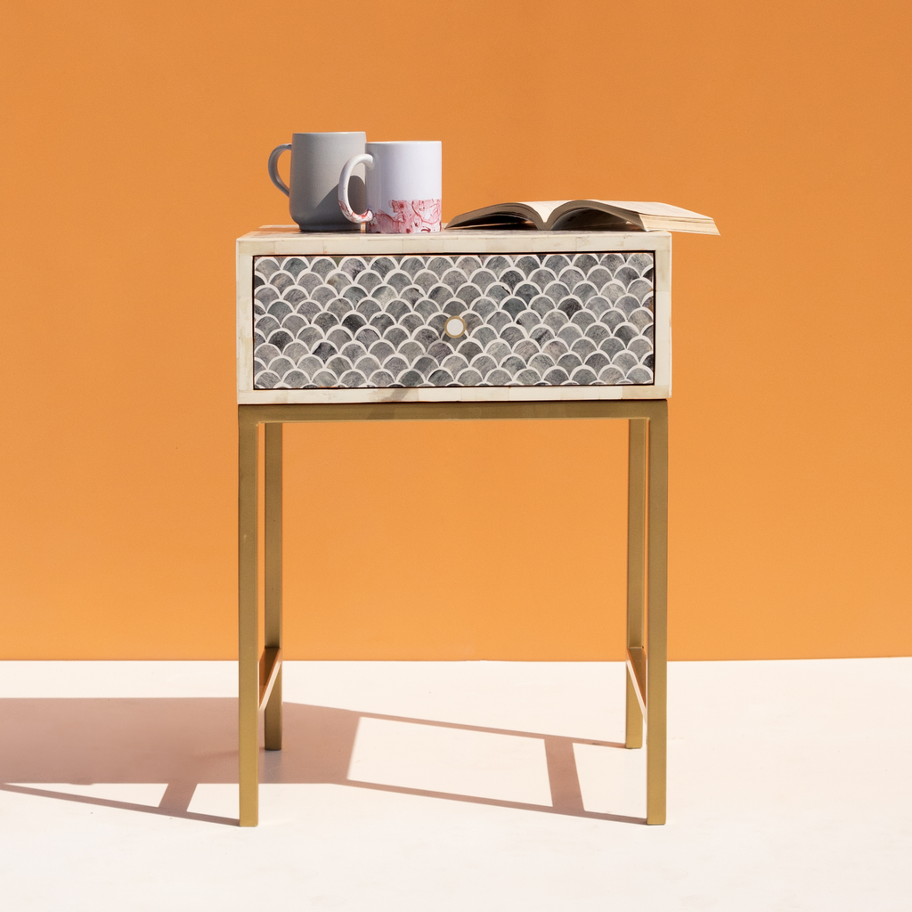 Stylish Grey Bone Inlay Bedside Table with Brass Finish Legs