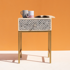Stylish Grey Bone Inlay Bedside Table with Brass Finish Legs