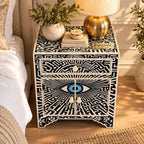 Kashvi Handmade Bone Inlay Nightstand | Black Floral Round Bedside Table