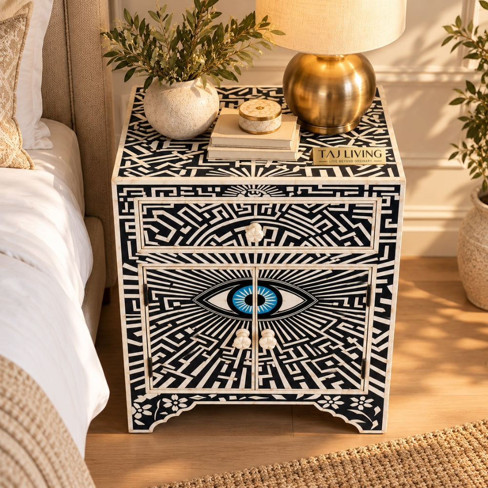 Kashvi Handmade Bone Inlay Nightstand | Black Floral Round Bedside Table