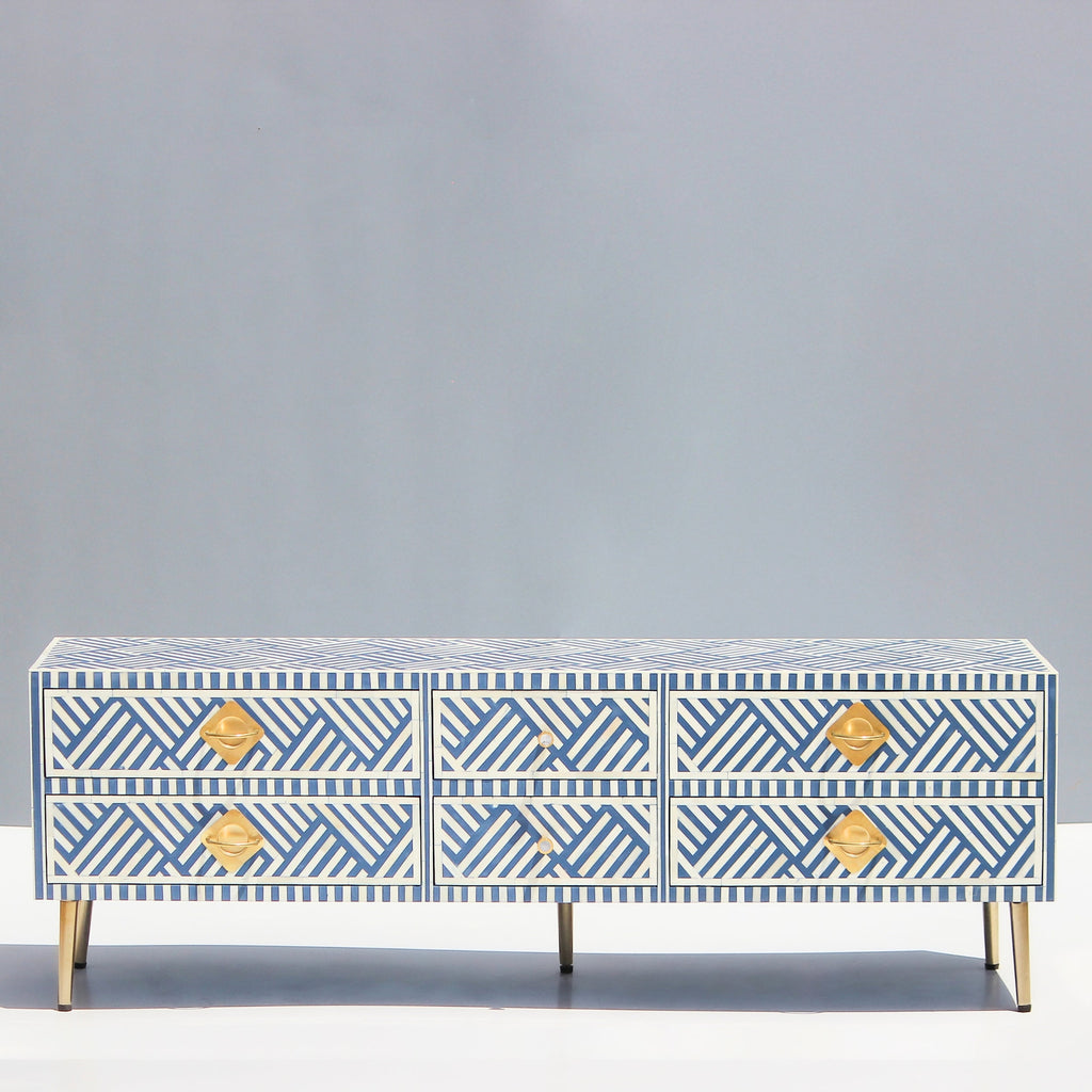 Riwaayat Blue & White Chevron Bone Inlay TV Unit