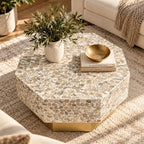 Mother of Pearl Inlay Hexagon Coffee Table – White with Brass Base