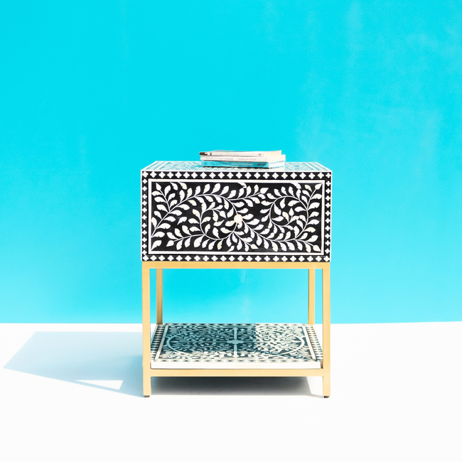 Classic Black & White Bone Inlay Bedside Table with Open Shelf Main Image