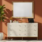 Raj Mahal Bone Inlay Chest of 6 Drawers Geometric Pattern Gold-Toned Metal Legs