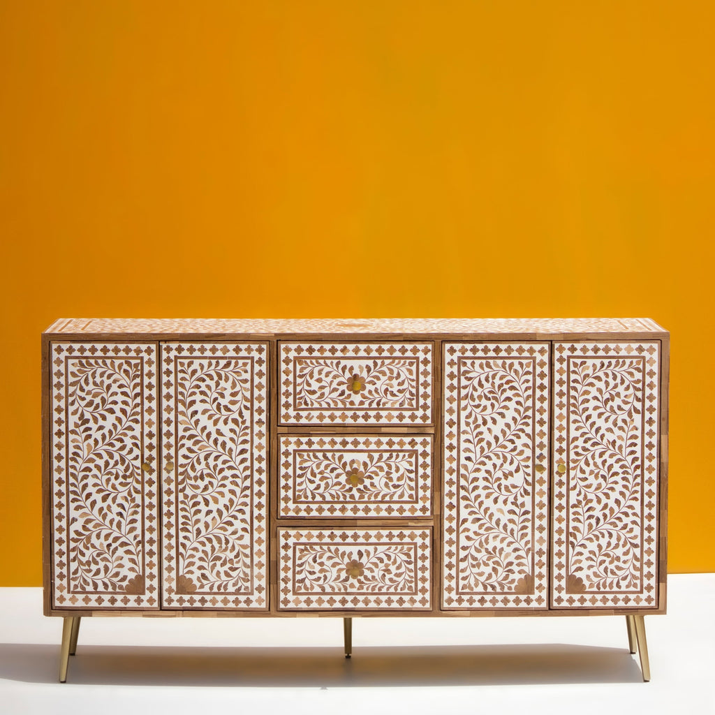 Rooprekha Floral Pattern Wooden Inlay 4-door and 3 drawers cabinet