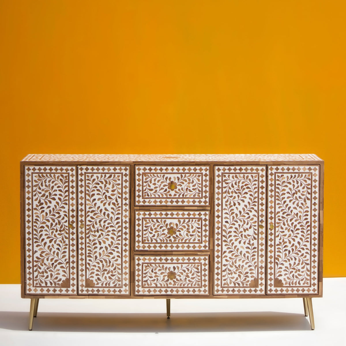 Rooprekha Floral Pattern Wooden Inlay 4-door and 3 drawers cabinet