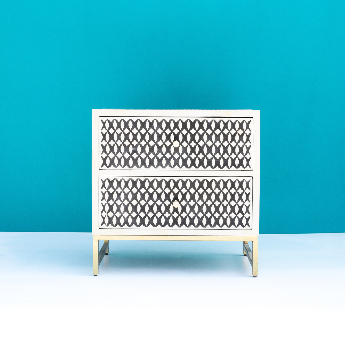 Modern Black & White Bone Inlay Bedside Table with 2 Drawers