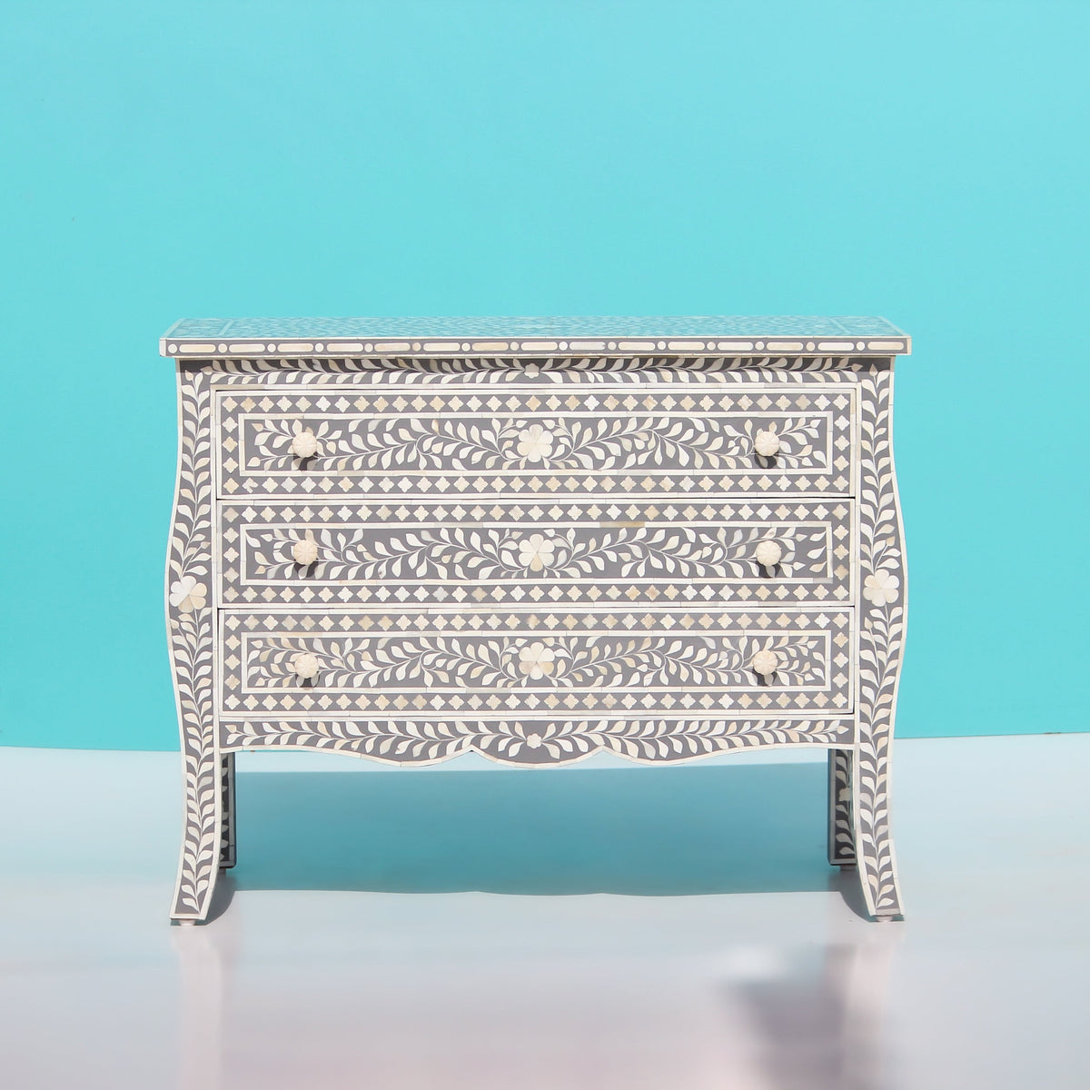 Virasat Grey & White Floral Bone Inlay Chest of 3 Drawer with French Colonial Curved Legs