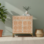 Nakashi Bone Inlay Floral Pattern Orange Cabinet with Metal Base