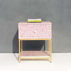 Bone inlay Floral Bedside Table with Gold Metal Base