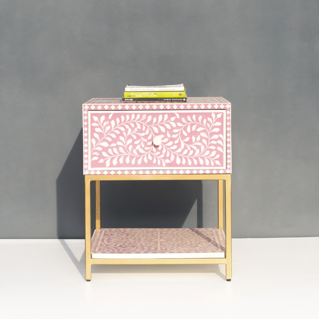Bone inlay Floral Bedside Table with Gold Metal Base Main Image