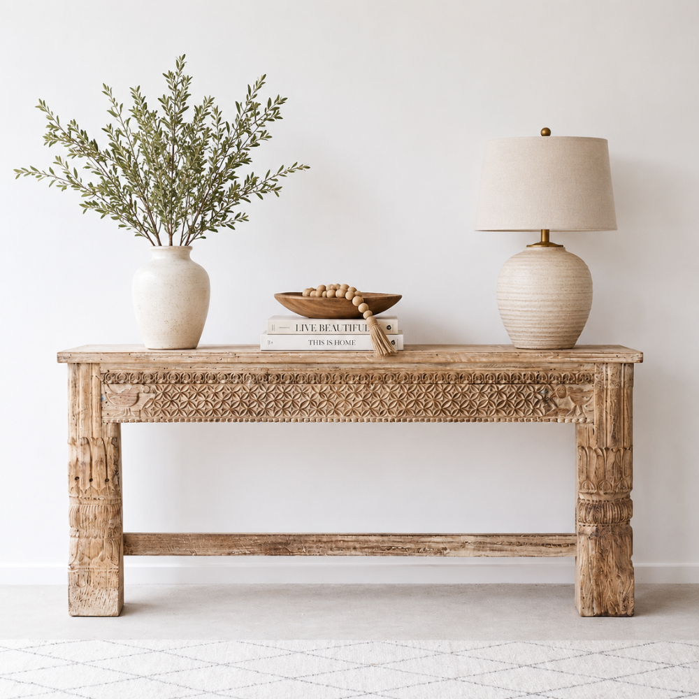 Sand Washed Mango Natural Finish Hand-Carved Console Table