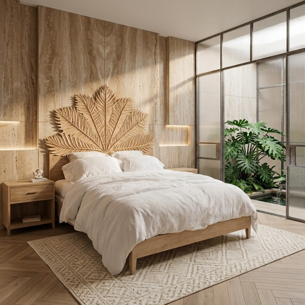 Maharani Hand-Carved Wood Super King Bed – Botanical Leaf Motif Wooden Bed Frame
