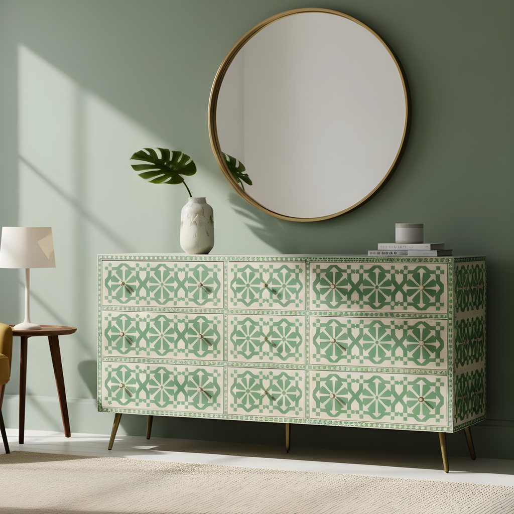 Bone Inlay Chest of 9 Drawers ( Mint Green )