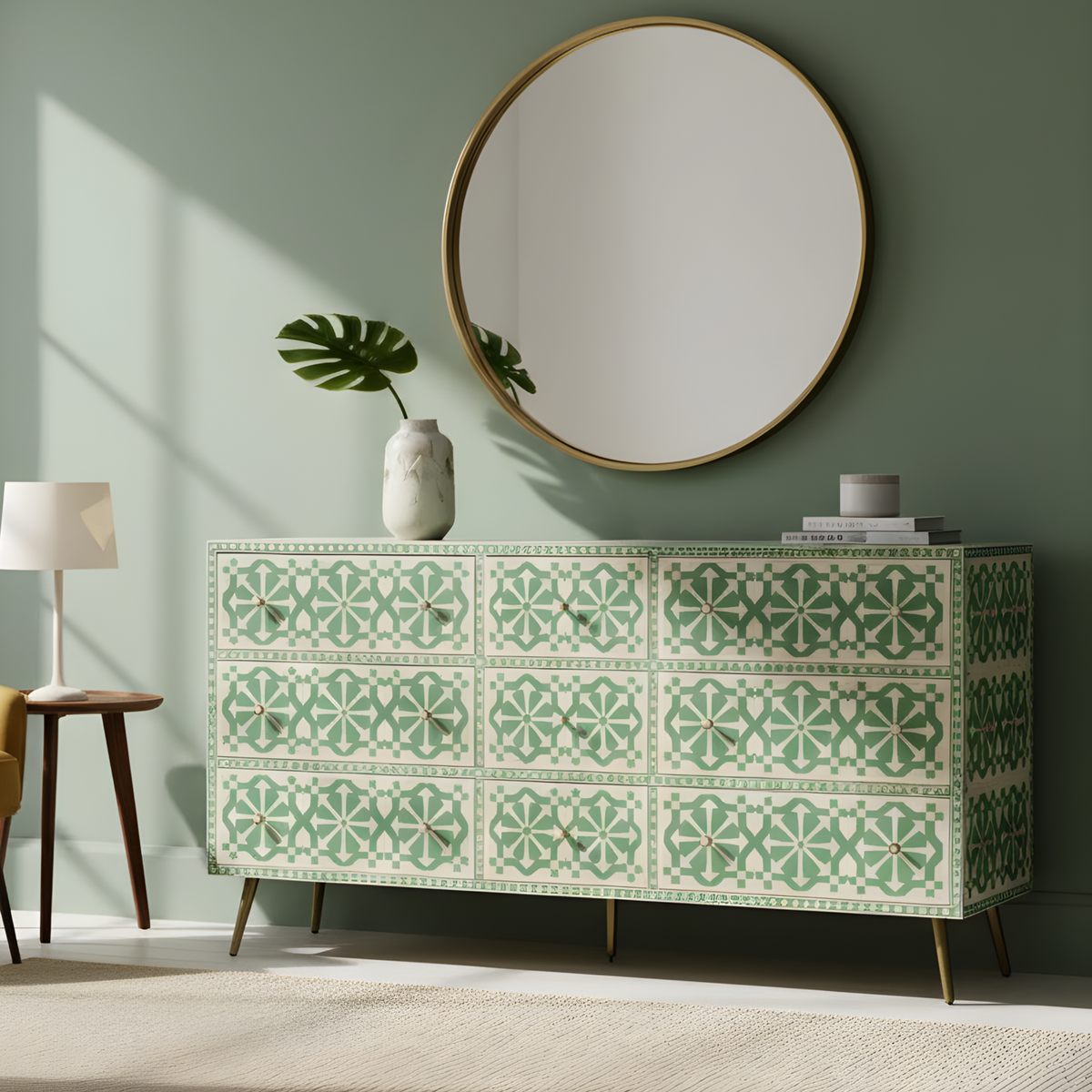 Bone Inlay Chest of 9 Drawers ( Mint Green )