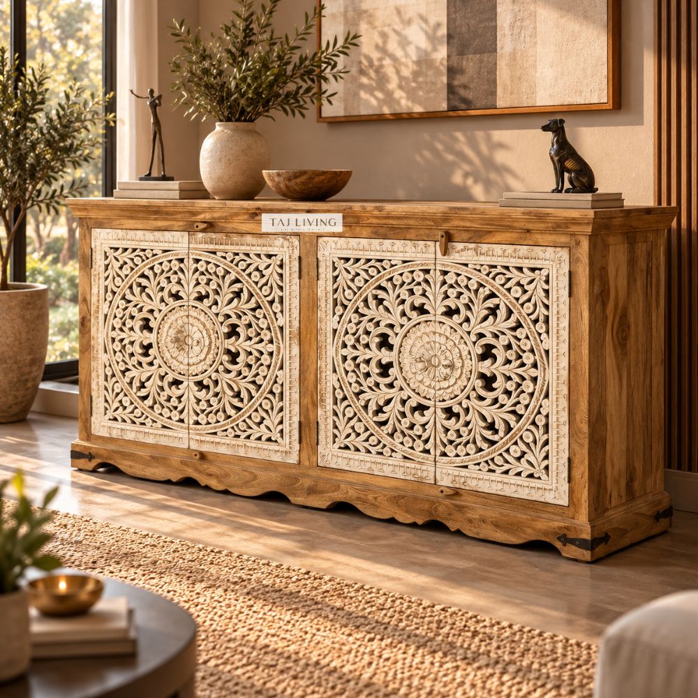 Handcrafted Solid Wood Sideboard Cabinet with Intricate Mandala Carved Doors