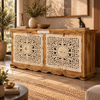 Handcrafted Solid Wood Sideboard Cabinet with Intricate Mandala Carved Doors