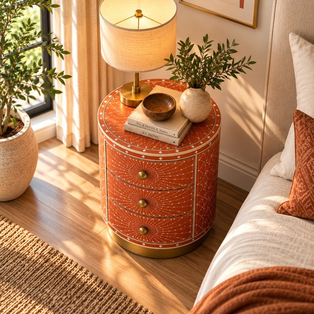 Round Bone Inlay Nightstand | Terracotta 3-Drawer Drum Table