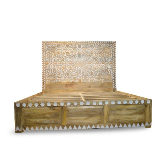 Handcrafted Solid Mango Wooden Bed in Natural Finish - Mandala Patterned Main Image