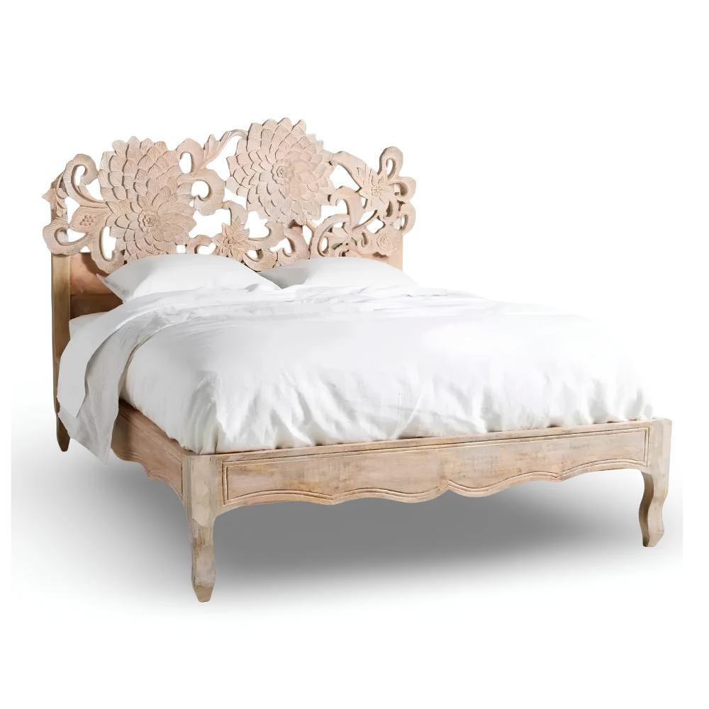 Parampara Hand Carved Solid Mango Wood Floral Bed for Bedroom