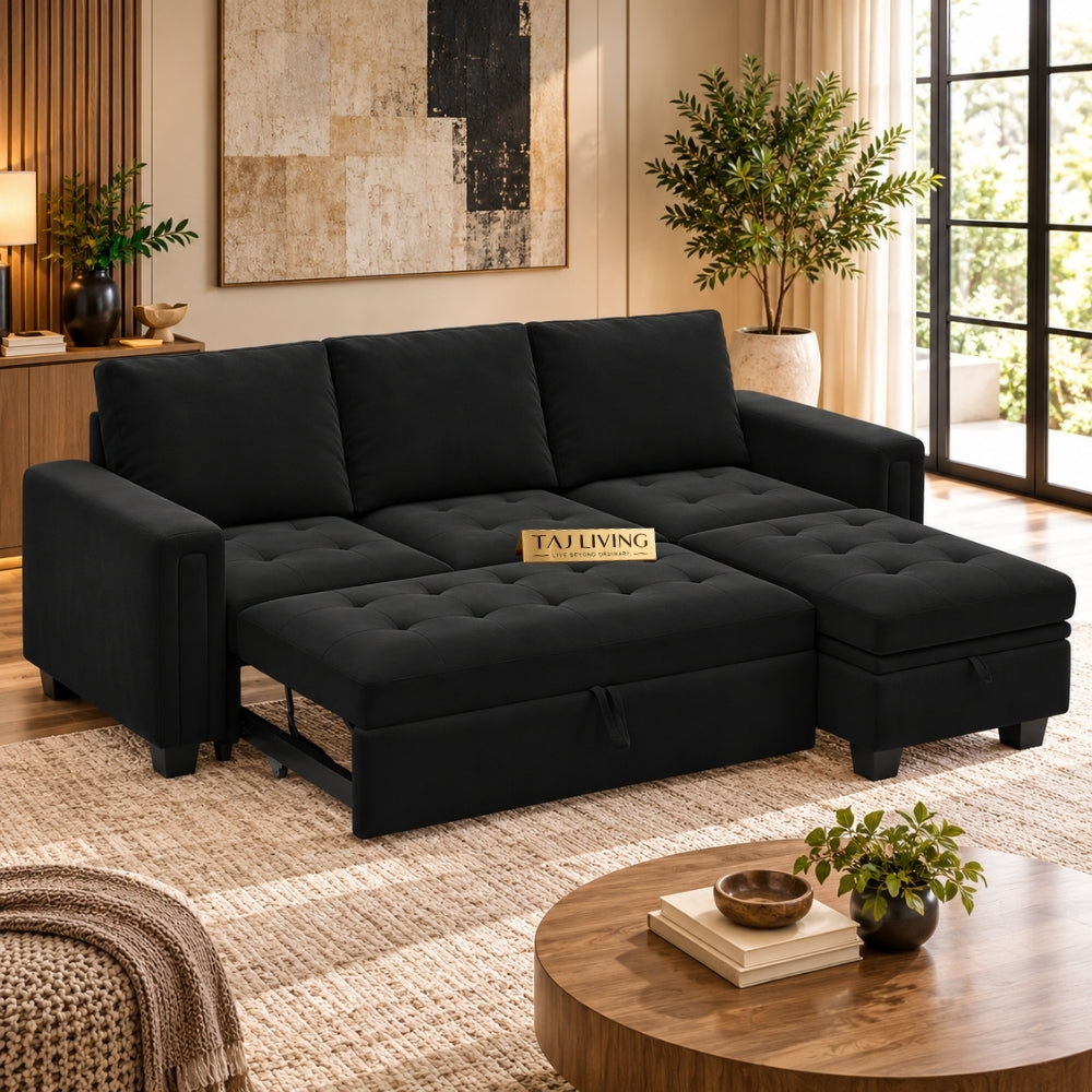 3-Seater Pull-Out Sofa Cum Bed with Storage Velvet Ottoman