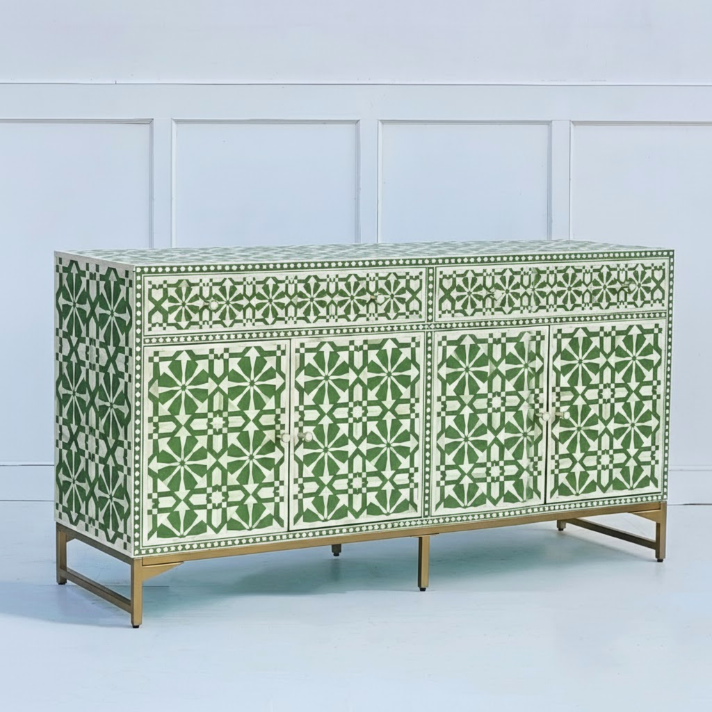 Rajdarbar Bone Inlay Floral Storage Sideboard with 3 Smooth-Glide Drawers
