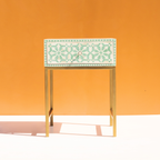 Mint Green Bone Inlay Bed Side Table with Brass Finish Legs