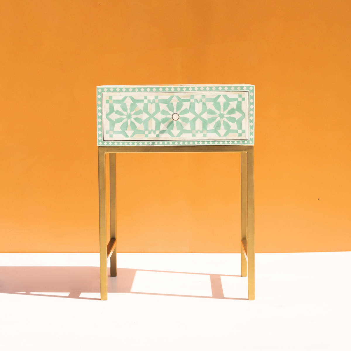 Mint Green Bone Inlay Bed Side Table with Brass Finish Legs