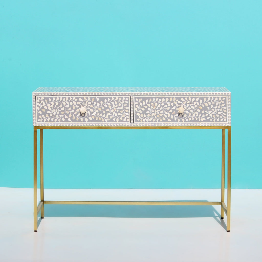Mehrang Grey Floral Scroll Bone Inlay Console Table with Brass-Finish Frame – 2 Drawer