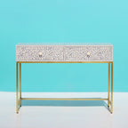 Mehrang Grey Floral Scroll Bone Inlay Console Table with Brass-Finish Frame – 2 Drawer