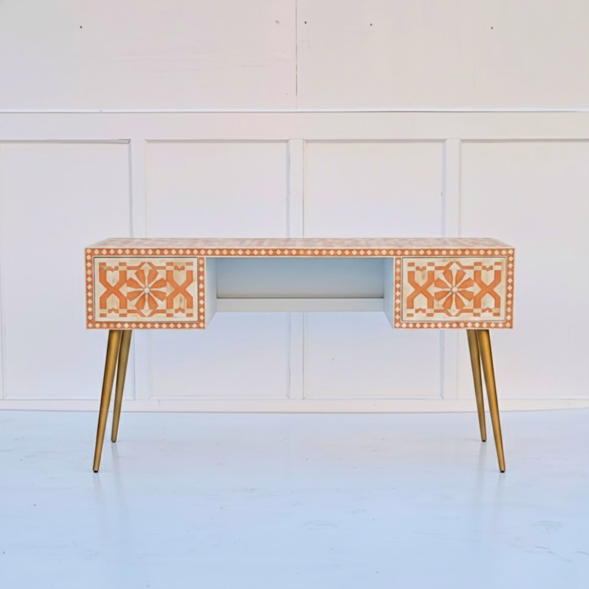 Warli Peach and White Floral Bone Inlay 2-Drawer Office/Home Desk
