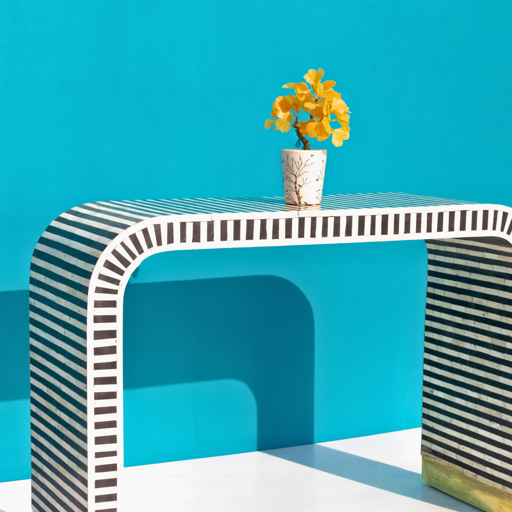 Nakashi Black & White Bone Inlay Console Table with Curved Design