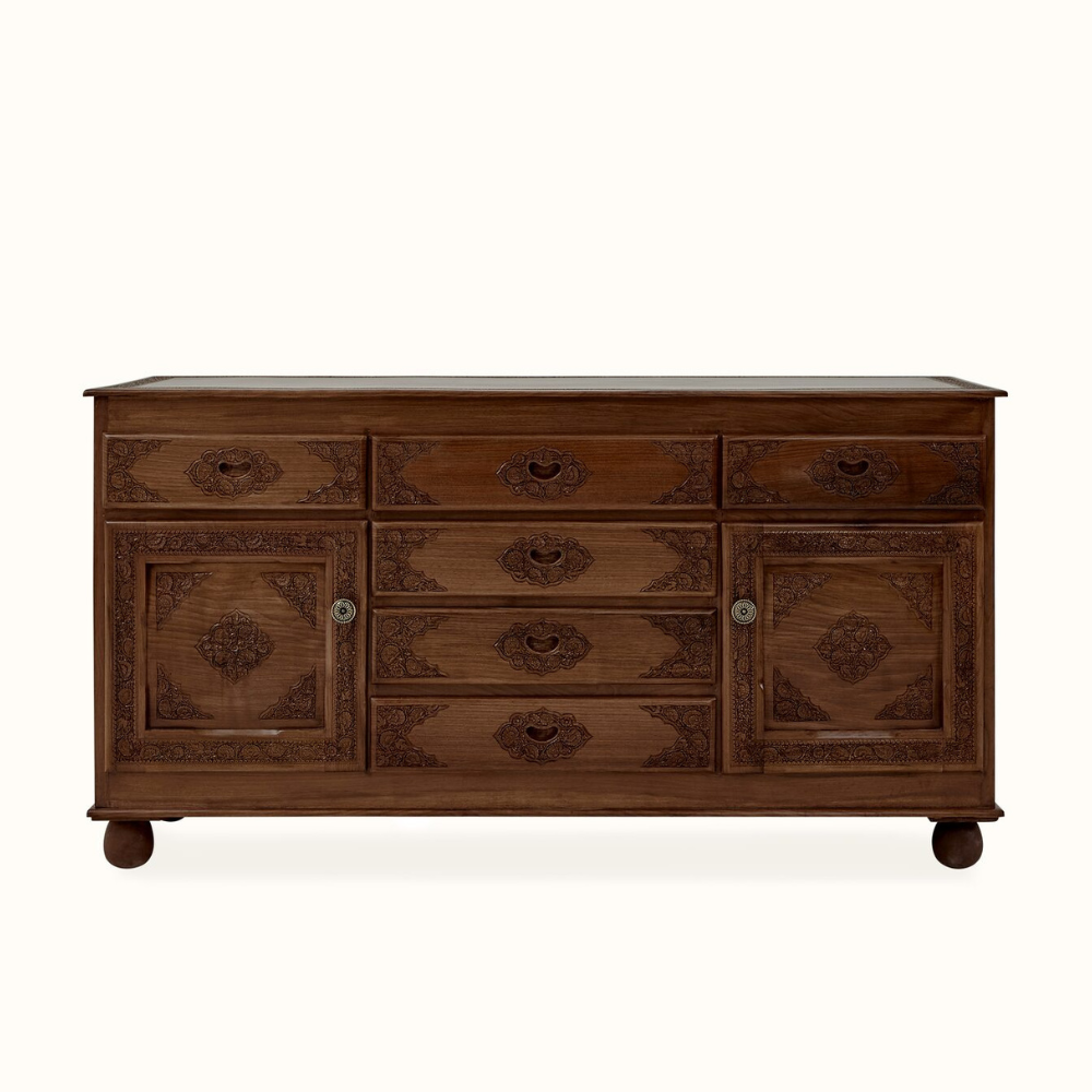 Rajwada Hand-Carved Wooden Sideboard – 6-Drawer & 2-Door Ornate Storage Cabinet