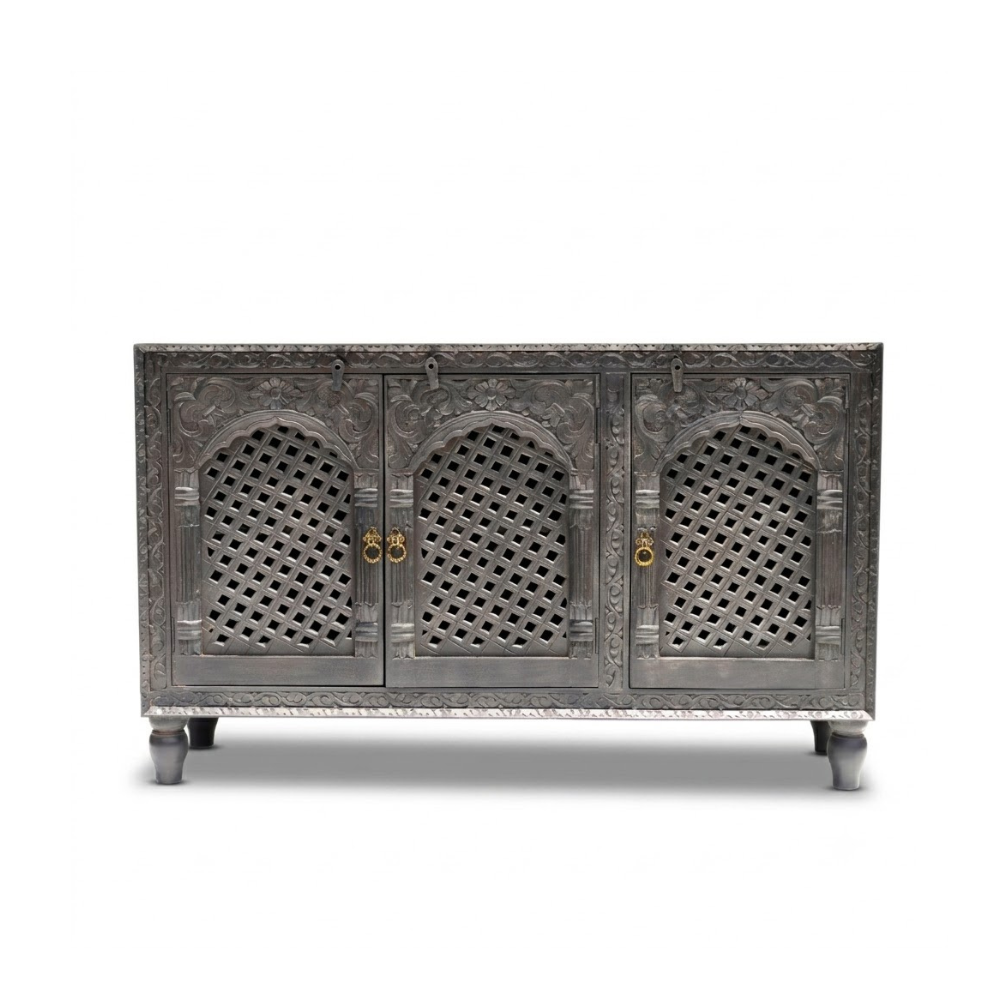 Haveli Wooden Hand Carved 3-Door Jali Cabinet / Sideboard
