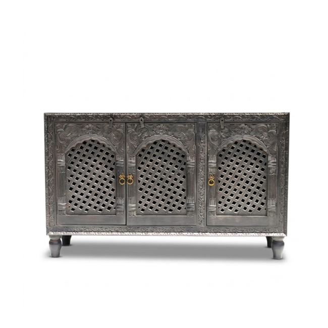 Haveli Wooden Hand Carved 3-Door Jali Cabinet / Sideboard Main Image
