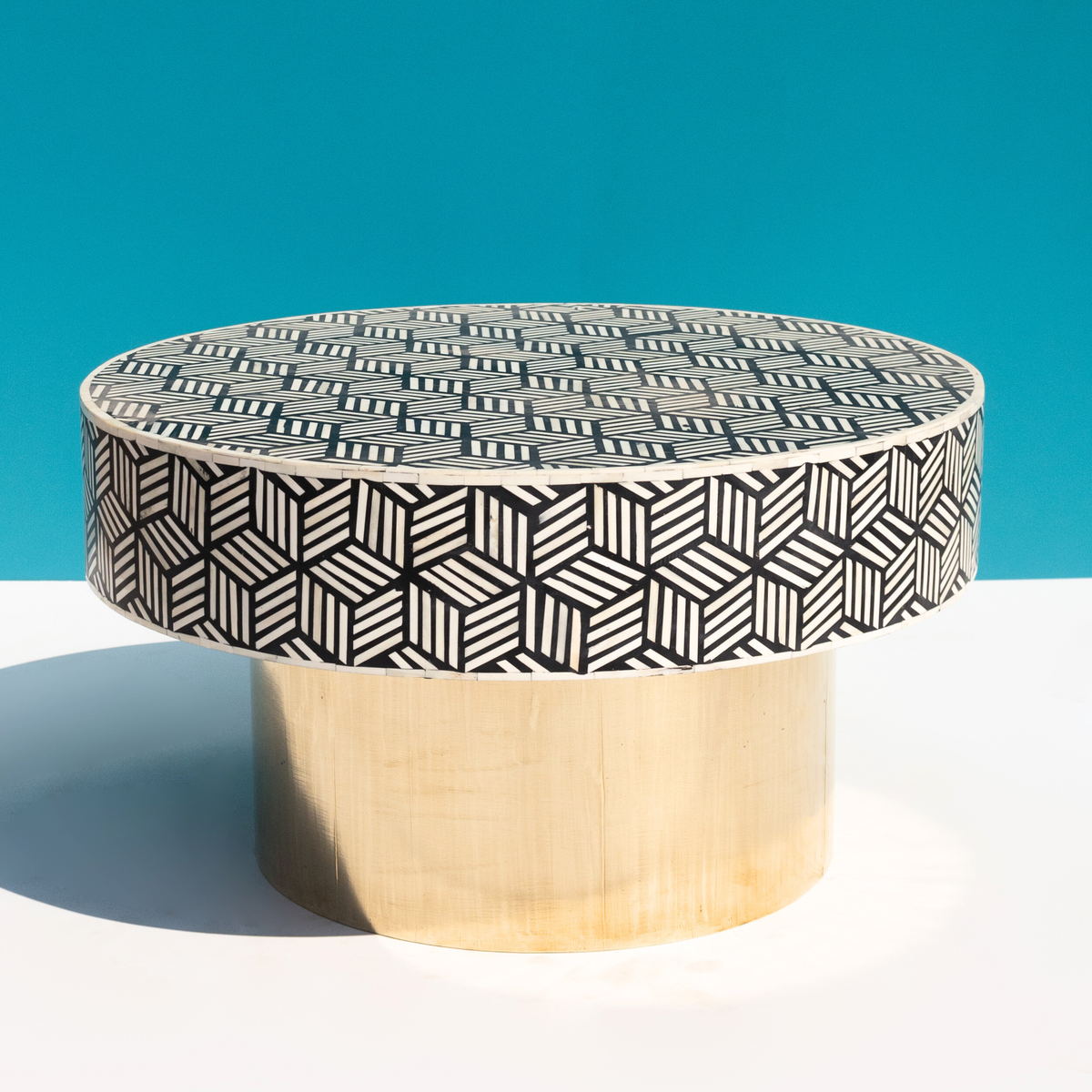 Black & White Bone Inlay Round Coffee Table with Brass Base