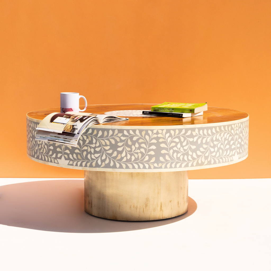 Royal Round Bone Inlay Coffee Table with Wooden Top