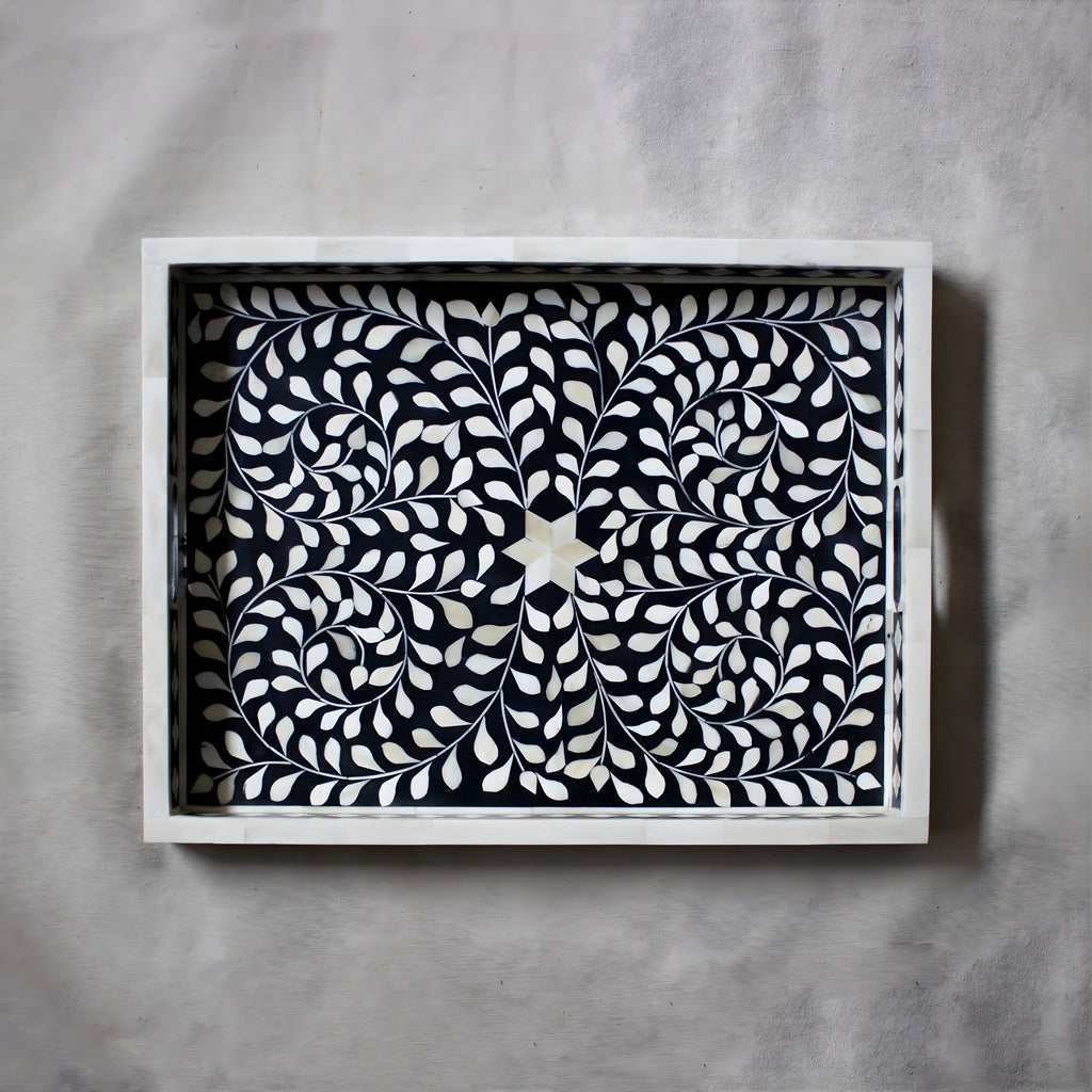Padharo Handmade Bone Inlay Wooden Modern Floral Pattern Serving Tray
