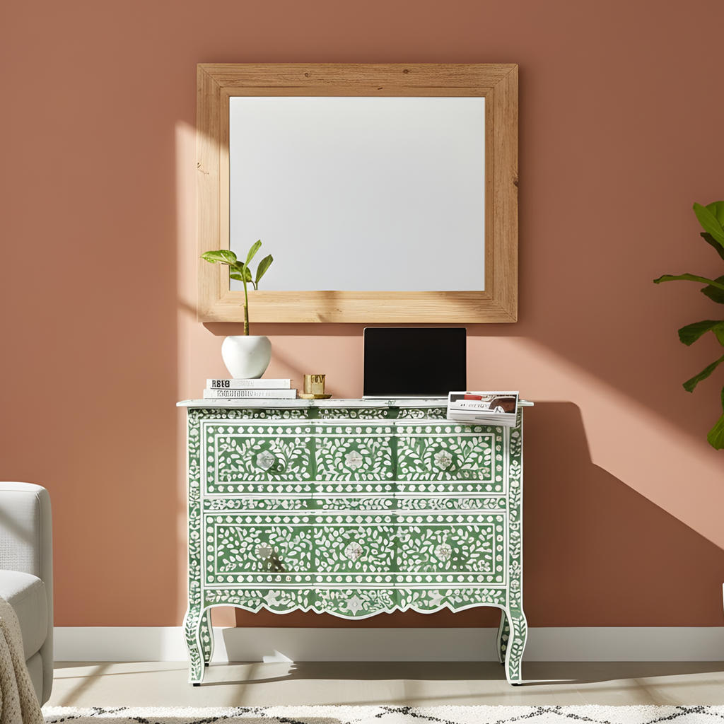 Rang Mahal Mother of Pearl Green Floral Chest of 2 Drawers