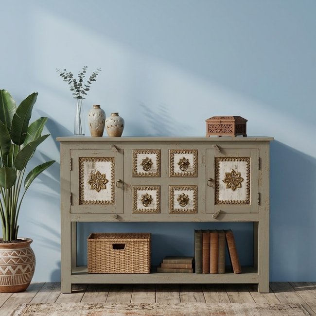 Modern Solid Wood & Brass Accent Console With Drawers Hover Image