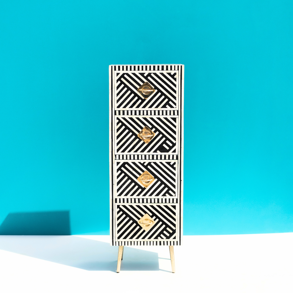 Ghoomar Bone Inlay 4 Drawer Storage Chest with Brass Finish Legs