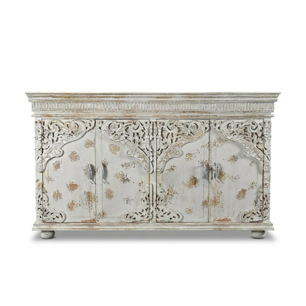 Darbar Hand Painted White Sideboard Cabinet with Crackle Finish