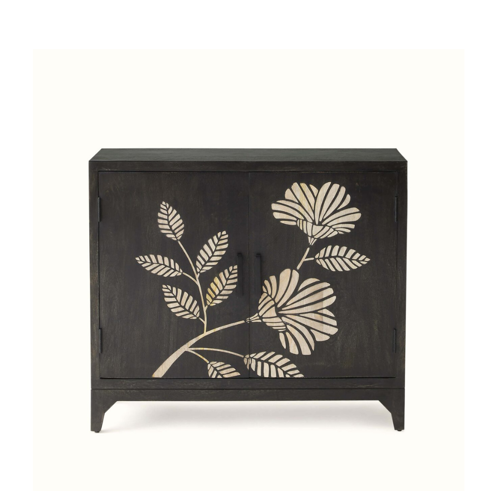 Sand Etched Mandana Floral Carved Wooden Cabinet